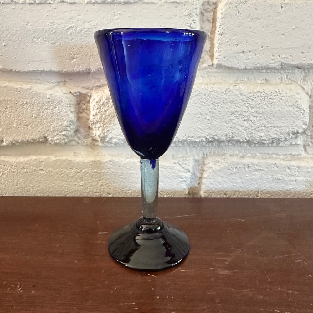 Hand Blown Cobalt Blue Glass Goblet Seeded Glass Wine Water Chalice‎ 8 inch